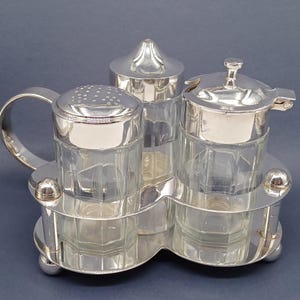 Condiment Salt, Pepper and Mustard Silver Plated Vintage Set on Stand Holland 1970