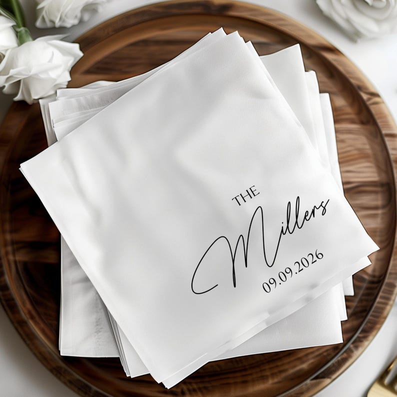Custom Family Name Napkins, Wedding Date Napkins, Personalized Wedding Decor, Elegant Party Napkins, Custom Event Napkins