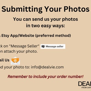 May include: A graphic with instructions on how to submit photos to a seller on Etsy. The instructions include sending photos via the Etsy app or website, or by emailing them to info@dealvie.com. The graphic also reminds buyers to include their order number.