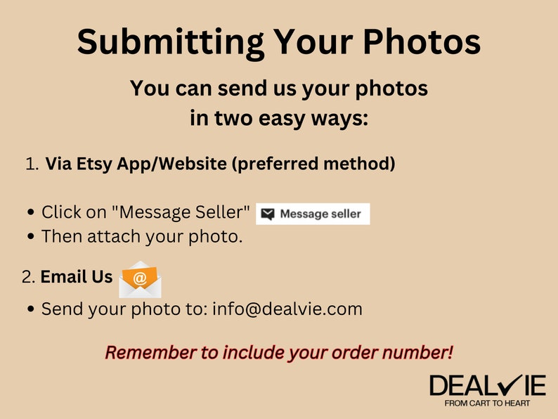 May include: A graphic with instructions on how to submit photos to a seller on Etsy. The instructions include sending photos via the Etsy app or website, or by emailing them to info@dealvie.com. The graphic also reminds buyers to include their order number.