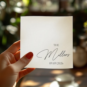 Gepersonaliseerde servetten voor bruiloft met achternaam en datum, cocktail- en lunchservetten met aangepaste tekst, decoratie voor de receptie. afbeelding 6