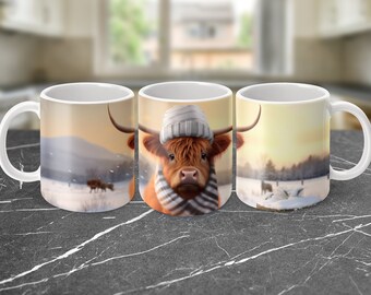 3D Highland Cow Christmas Mug Wrap, 11oz And 15oz Mug Template, Mug Sublimation Design, Mug Wrap Template, Instant Digital Download PNG
