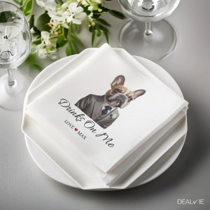 Custom Pet Portrait Napkins, Personalized Dog or Cat Cocktail Napkins, Drinks On Me Wedding Bar Decor, Engagement Party, Rehearsal Dinner image 6