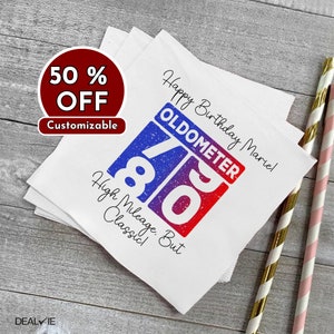 Servilletas de cumpleaños personalizadas, servilletas de cumpleaños personalizadas, fiesta única, odómetro, tamaño cóctel y almuerzo, regalo de 80 cumpleaños
