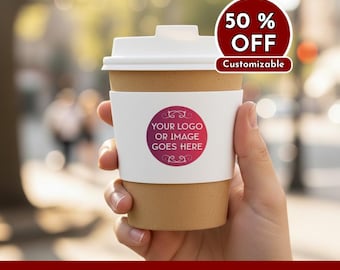 May include: A brown paper coffee cup with a white lid and a white sleeve. The sleeve has a circular design that says "YOUR LOGO OR IMAGE GOES HERE". A red circle with "50% OFF Customizable" is in the background.