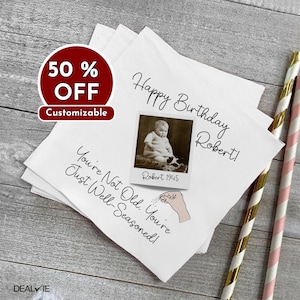 Tovaglioli di compleanno personalizzati, tovaglioli con foto e nome personalizzati, decorazioni per feste uniche, formato cocktail e pranzo, regalo per l&#39;80° compleanno