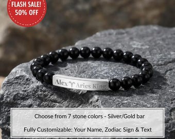 Custom Engraved Zodiac Natural Stone Bracelet, Personalized Aries Gift