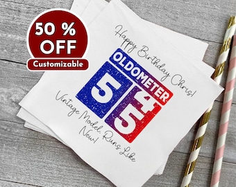 Personalized Birthday Napkins, Custom Birthday Napkins, Unique Party, Oldometer, Cocktail & Luncheon Size, 55th Birthday Gift