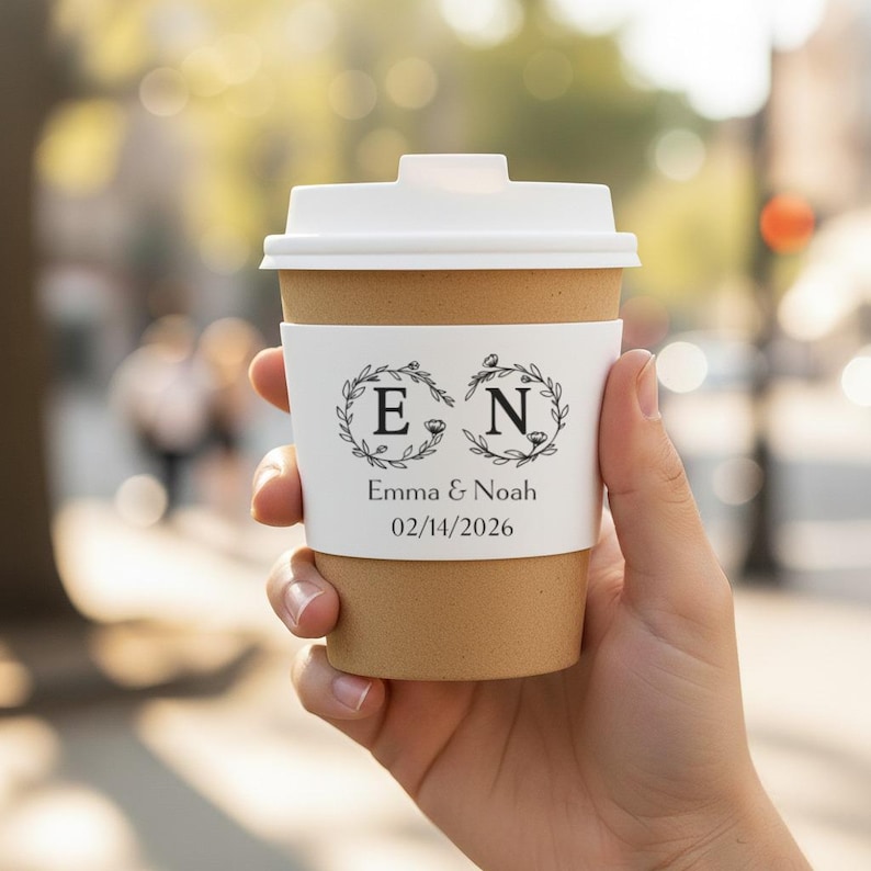 May include: A disposable coffee cup with a white lid and a custom sleeve. The sleeve features the initials "E" and "N" inside laurel wreaths, along with the names "Emma & Noah" and the date "02/14/2026".