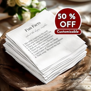 Tovaglioli Trivia personalizzati, tovaglioli per matrimoni con fatti divertenti, tovaglioli per eventi di compleanno e fidanzamento personalizzati