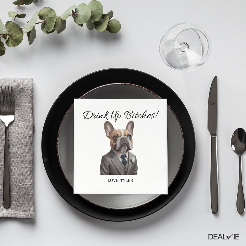 Custom Pet Portrait Napkins, Personalized Dog or Cat Cocktail Napkins, Drinks On Me Wedding Bar Decor, Engagement Party, Rehearsal Dinner image 4