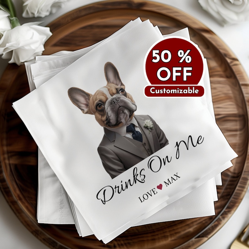 Custom Pet Portrait Napkins, Personalized Dog or Cat Cocktail Napkins, Drinks On Me Wedding Bar Decor, Engagement Party, Rehearsal Dinner image 1