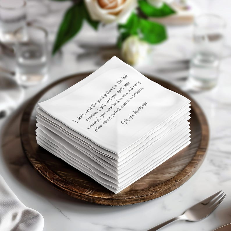 Stack of napkins with handwritten quote about simple, everyday love.