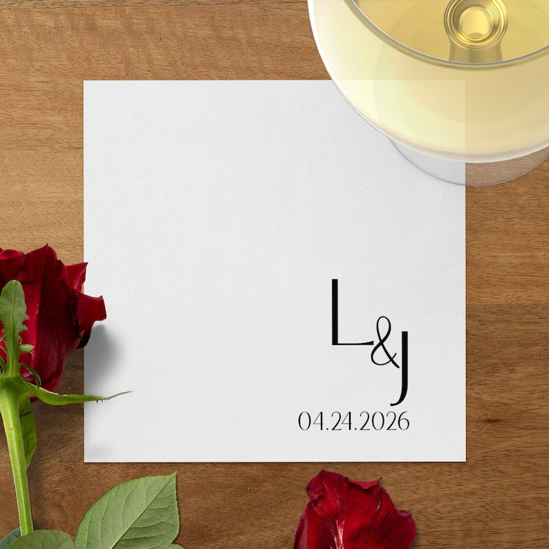 Save the date card with L&J initials and date 04.24.2026, rose and wine.