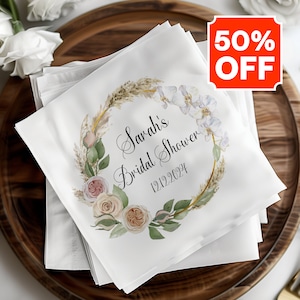 Custom Floral Wreath Napkins, Wedding Napkins, Personalized Gifts, Bridal Shower Decor, Engagement Party, Wedding Gifts, Baby Shower