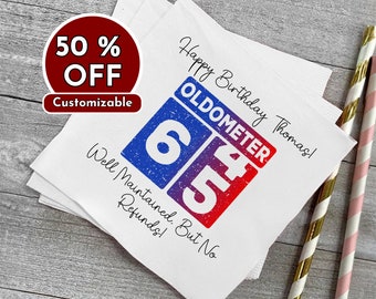 Personalized Birthday Napkins, Custom Birthday Napkins, Unique Party, Oldometer, Cocktail & Luncheon Size,  Birthday Decorations