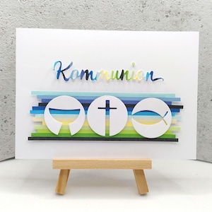 Bunte Kommunionskarte in Blau-Grün-Tönen