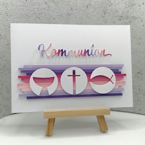 Bunte Kommunionskarte in Rosa-Lila-Tönen