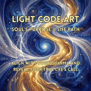 Può includere: Opera d'arte digitale astratta con vortici blu e oro. Il testo "LIGHT CODE ART" è in alto, con "SOUL'S PURPOSE & LIFE PATH" sotto. Il testo in basso recita "ALIGN WITH YOUR DHARMA AND REVEAL YOUR TRUE LIFE'S CALL".