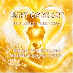 Peut inclure: Œuvre d'art numérique sur fond jaune doré. Le texte "LIGHT CODE ART", "SELF LOVE & INNER CHILD" et "EMBRACE WORTHINESS AND RELEASE CHILDHOOD TRAUMA" est affiché. Une silhouette d'une personne s'embrassant est au centre de l'image.