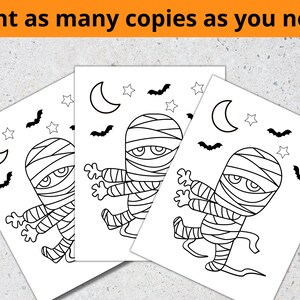 May include: Three black and white printable coloring pages featuring a cartoon mummy with a bandage wrapped body and arms. Each page includes a crescent moon, stars, and bats.
