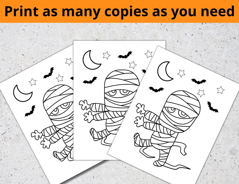 May include: Three black and white printable coloring pages featuring a cartoon mummy with a bandage wrapped body and arms. Each page includes a crescent moon, stars, and bats.