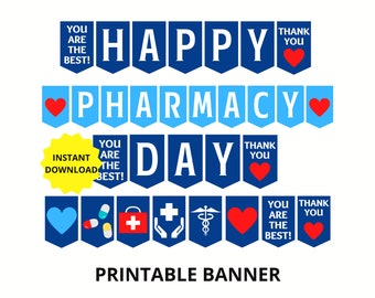 Könnte beinhalten: Druckbare Girlande mit blauen und weißen Wimpeln, auf denen "Happy Pharmacy Day" steht. Die Girlande enthält außerdem rote Herzen, einen gelben Stern mit dem Text "Sofort-Download" und blaue und rote Symbole.