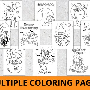 May include: A set of ten black and white Halloween coloring pages featuring various spooky characters and scenes, including a witch, a ghost, a vampire, a mummy, a scarecrow, a pumpkin, a haunted house, a cauldron, a spooky tree, and a trick or treat pumpkin.