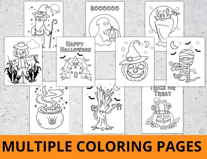 May include: A set of ten black and white Halloween coloring pages featuring various spooky characters and scenes, including a witch, a ghost, a vampire, a mummy, a scarecrow, a pumpkin, a haunted house, a cauldron, a spooky tree, and a trick or treat pumpkin.