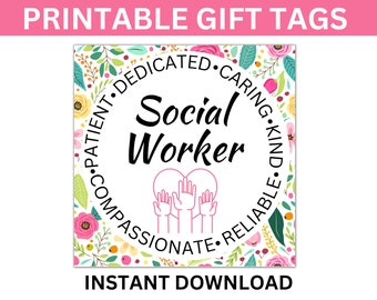 Op de afbeelding: Printbare cadeaulabels met een bloemenontwerp en de tekst "Sociaal werker" omringd door een cirkel van positieve adjectieven. De tekst "Direct downloaden" verschijnt onder het label.