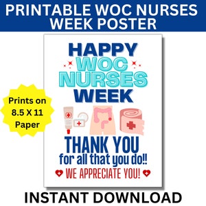 Puede incluir: Un póster imprimible que dice "Happy WOC Nurses Week" con un diseño azul y blanco. También dice "Thank you for all that you do! We appreciate you!" con un corazón rojo a cada lado del texto. El póster mide 8,5 x 11 pulgadas.