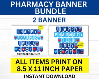 Könnte beinhalten: Zwei druckbare Banner für Apotheken. Das erste Banner lautet "Happy Pharmacy Week" mit blauen und roten Herzen und Apothekensymbolen. Das zweite Banner lautet "Happy Pharmacy Tech Day" mit blauen und roten Herzen und Apothekensymbolen. Beide Banner sind 8,5 x 11 Zoll groß.