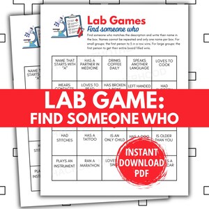 May include: A printable Lab Games Find Someone Who activity sheet featuring a grid of prompts like Drinks Coffee Daily and Has A Tattoo. The document includes a microscope icon, a clipboard graphic, and a red circular Instant Download PDF badge.