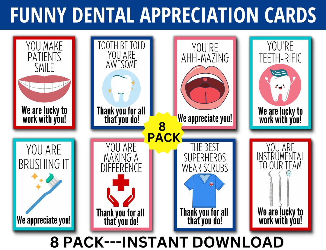 Dental Appreciation Cards, 8 Pack Funny Dental Pun Appreciation Cards