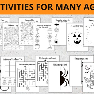 May include: Black and white printable Halloween activity sheets for kids. The sheets include connect the dots, I spy, tic-tac-toe, finish the picture, and maze activities.