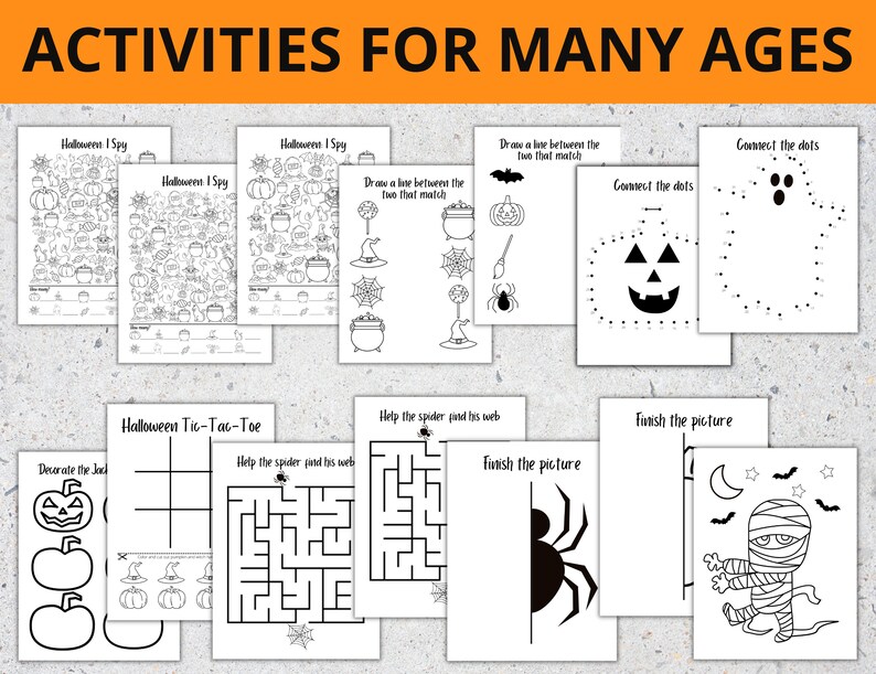 May include: Black and white printable Halloween activity sheets for kids. The sheets include connect the dots, I spy, tic-tac-toe, finish the picture, and maze activities.
