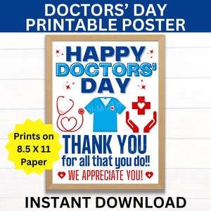 Puede incluir: Póster imprimible con una ilustración azul y roja de un estetoscopio, un uniforme de médico y una cruz roja. El texto dice "Feliz Día del Médico", "¡Gracias por todo lo que haces!" y "¡Te apreciamos!"