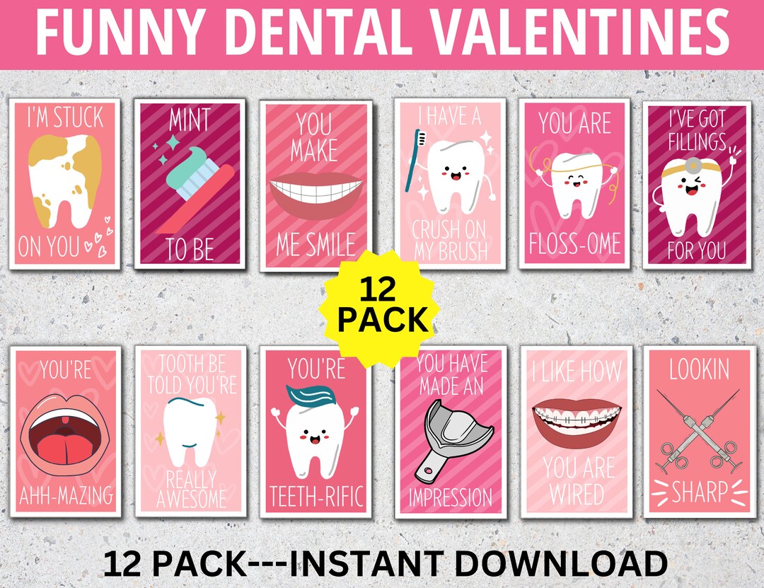 Dental Valentine Cards 12 Pack Funny Dental Pun Valentines Etsy