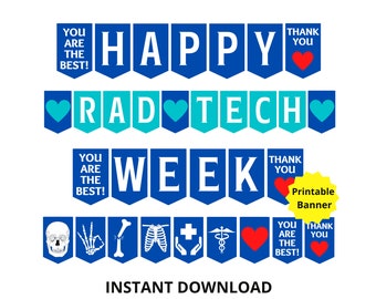 Könnte beinhalten: Druckbare Banner für die Radiologie-Woche. Das Banner ist blau und türkis mit weißem Text und Herzen. Es steht "Happy Rad Tech Week" und enthält den Text "You are the best!" und "Thank you".