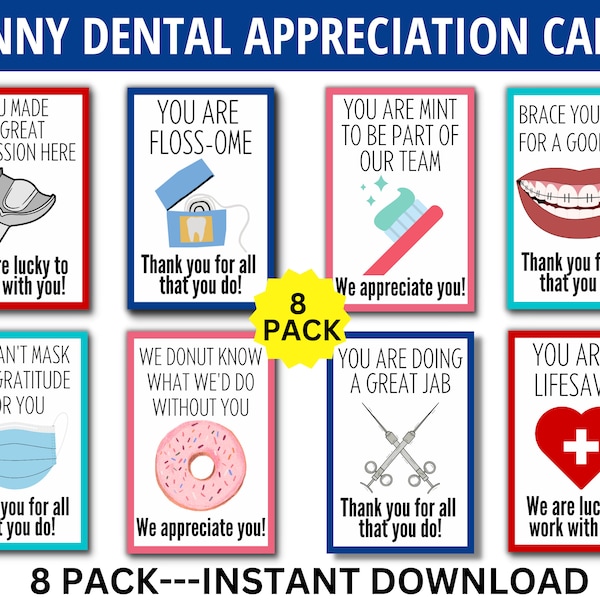 Dental Appreciation Cards, 8 Pack Funny Dental Pun Appreciation Cards, Dentist, Dental Assistant, Dental Hygienist, Dental Gift, Dental