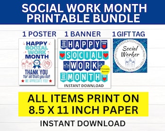 Op de afbeelding: Printbare Social Work Month-bundel met een poster, banner en cadeau-etiket. De poster zegt "Happy Social Work Month" met een blauw-wit ontwerp. De banner zegt "Happy Social Work Month" met een blauw-wit-rood ontwerp. Het cadeau-etiket zegt "Sociaal werker" met een blauw-wit ontwerp.