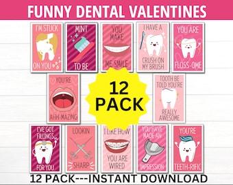 May include: A collection of 12 pink Valentine's Day cards with dental-themed puns and illustrations. Each card features a different phrase, such as "I'm stuck on you" and "You make me smile." The cards are arranged on a white background.