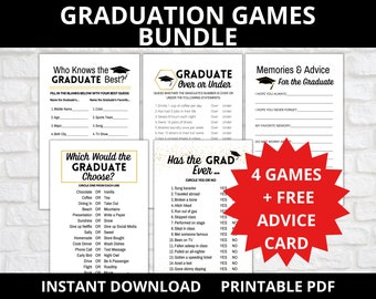 Puede incluir: Un paquete de cuatro juegos de graduación imprimibles en PDF y una tarjeta de consejos gratuita. Los juegos incluyen "¿Quién conoce mejor al graduado?", "Graduado por encima o por debajo", "¿Qué elegiría el graduado?" y "¿Ha hecho el graduado alguna vez...?" Los juegos son negros y dorados con un icono de gorro de graduación. La tarjeta de consejos es blanca con un icono de gorro de graduación negro. El paquete se anuncia como una descarga instantánea.