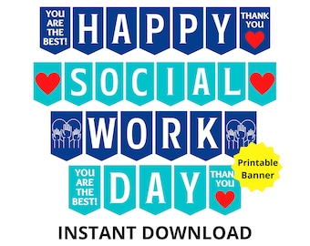Op de afbeelding: Printbare banner met de tekst "Happy Social Work Day" in blauw en turquoise kleuren. De banner bevat harten en handsymbolen. De tekst "You are the best!" en "Thank you" is ook inbegrepen.