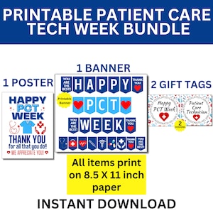 May include: Printable Patient Care Tech Week bundle includes a poster, banner, and two gift tags. The poster says "Happy PCT Week" with a stethoscope and a nurse's uniform. The banner says "Happy PCT Week" with hearts and medical symbols. The gift tags say "Happy PCT Week" and "Patient Care Technician". All items are designed to print on 8.5 x 11 inch paper.