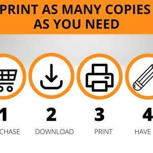May include: Four orange circles with black icons and numbers inside each circle. The icons represent a shopping cart, a download arrow, a printer, and a pencil. The numbers are 1, 2, 3, and 4. The text below the circles reads: "PURCHASE", "DOWNLOAD", "PRINT", and "HAVE FUN".