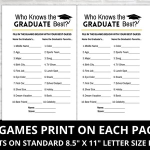 May include: Two printable game cards with the text "Who Knows the GRADUATE Best?" and instructions to fill in the blanks with the graduate's information. The cards are designed for a graduation party.