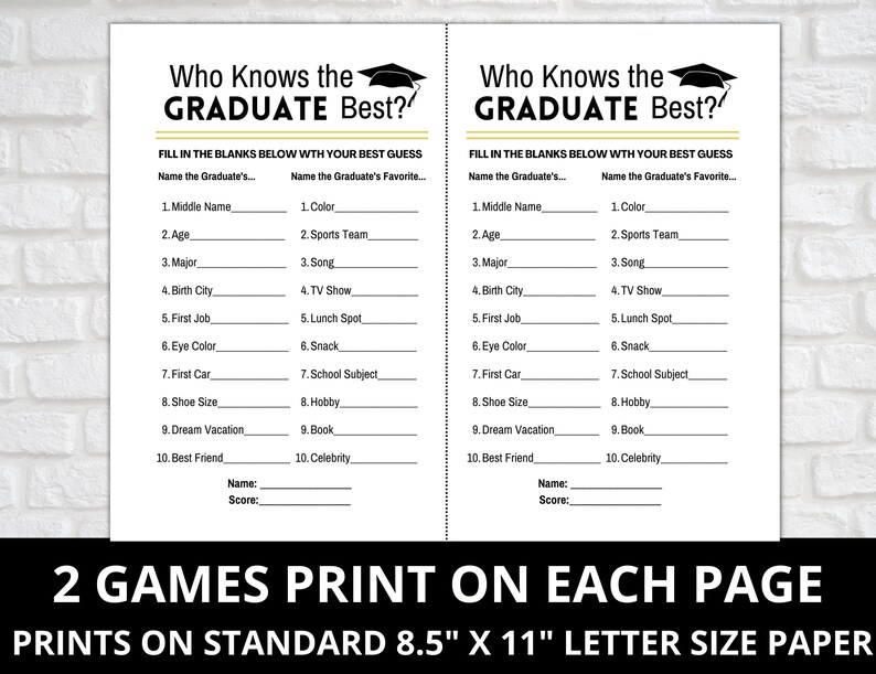 May include: Two printable game cards with the text "Who Knows the GRADUATE Best?" and instructions to fill in the blanks with the graduate's information. The cards are designed for a graduation party.