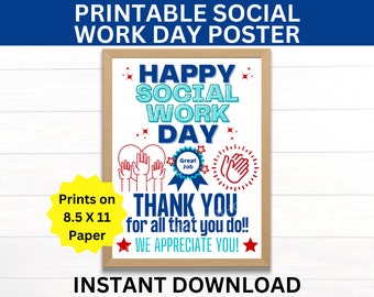 Op de afbeelding: Printbare poster met een blauw en rood ontwerp met de tekst "Happy Social Work Day" en "Thank You for all that you do! We Appreciate You!" Het is ontworpen om te printen op papier van 8,5 x 11 inch.
