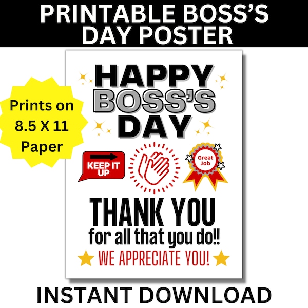 Boss's Day Printable Poster, Happy Boss's Day Sign, National Boss's Day, Boss Appreciation, Best Boss Ever, Worlds Best Boss